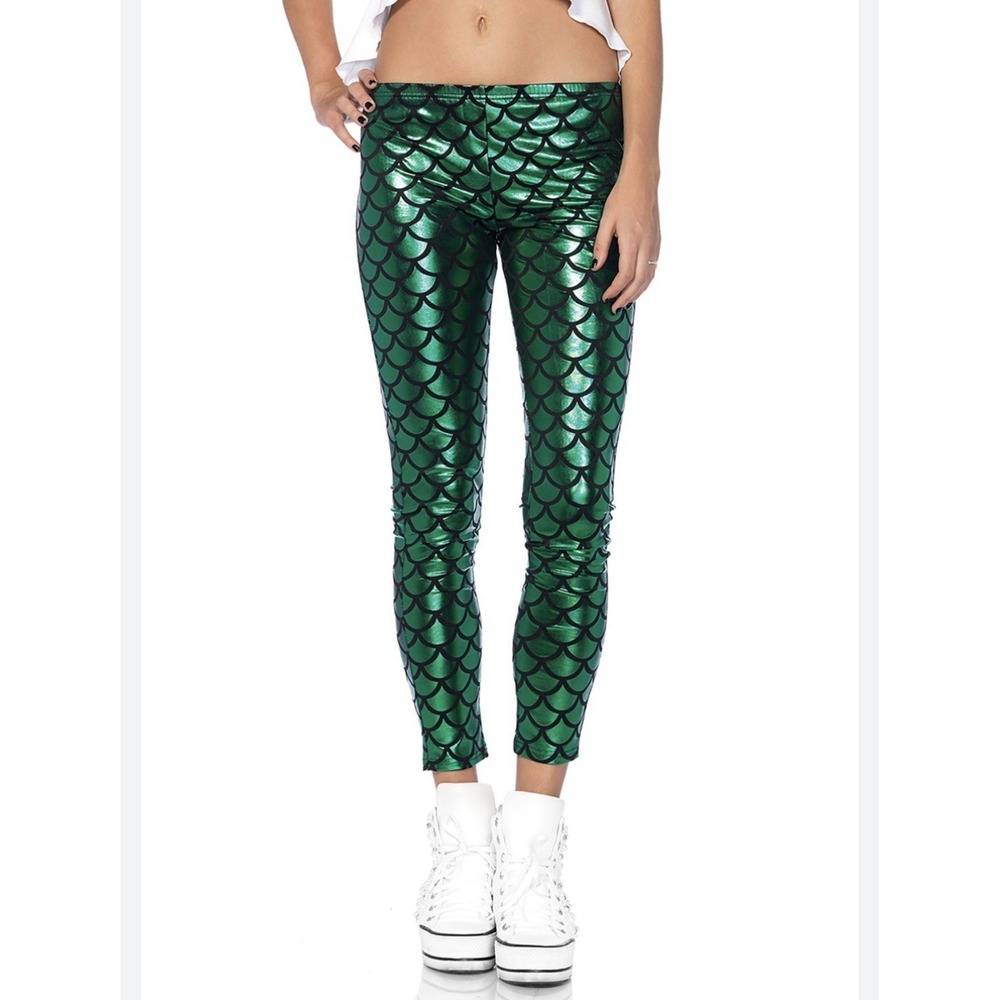 Lotus Leggings Mermaid Novelty Scale Print Leggings Stretch Colorful Green -Sz L